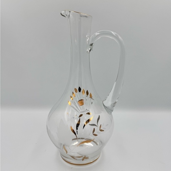 Vintage Hand Blown Glass Pitcher Applied Handle Etched with Gold Gild - Picture 1 of 5